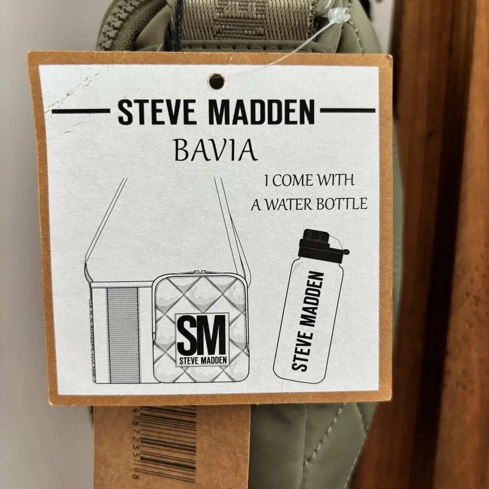 STEVE MADDEN Bavia Olive Green Quilted Crossbody Bag with Attached Water Bottle